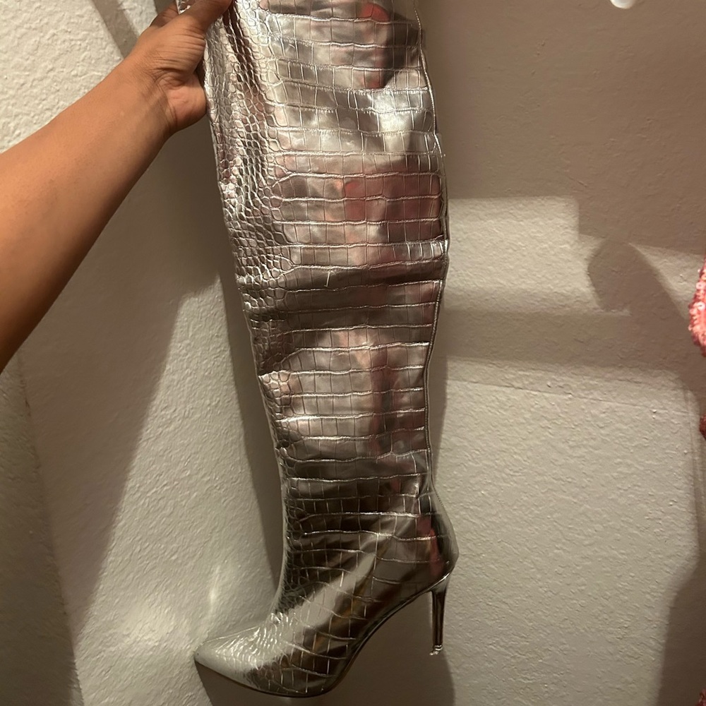 Silver Alligator Skin Thigh High Boots